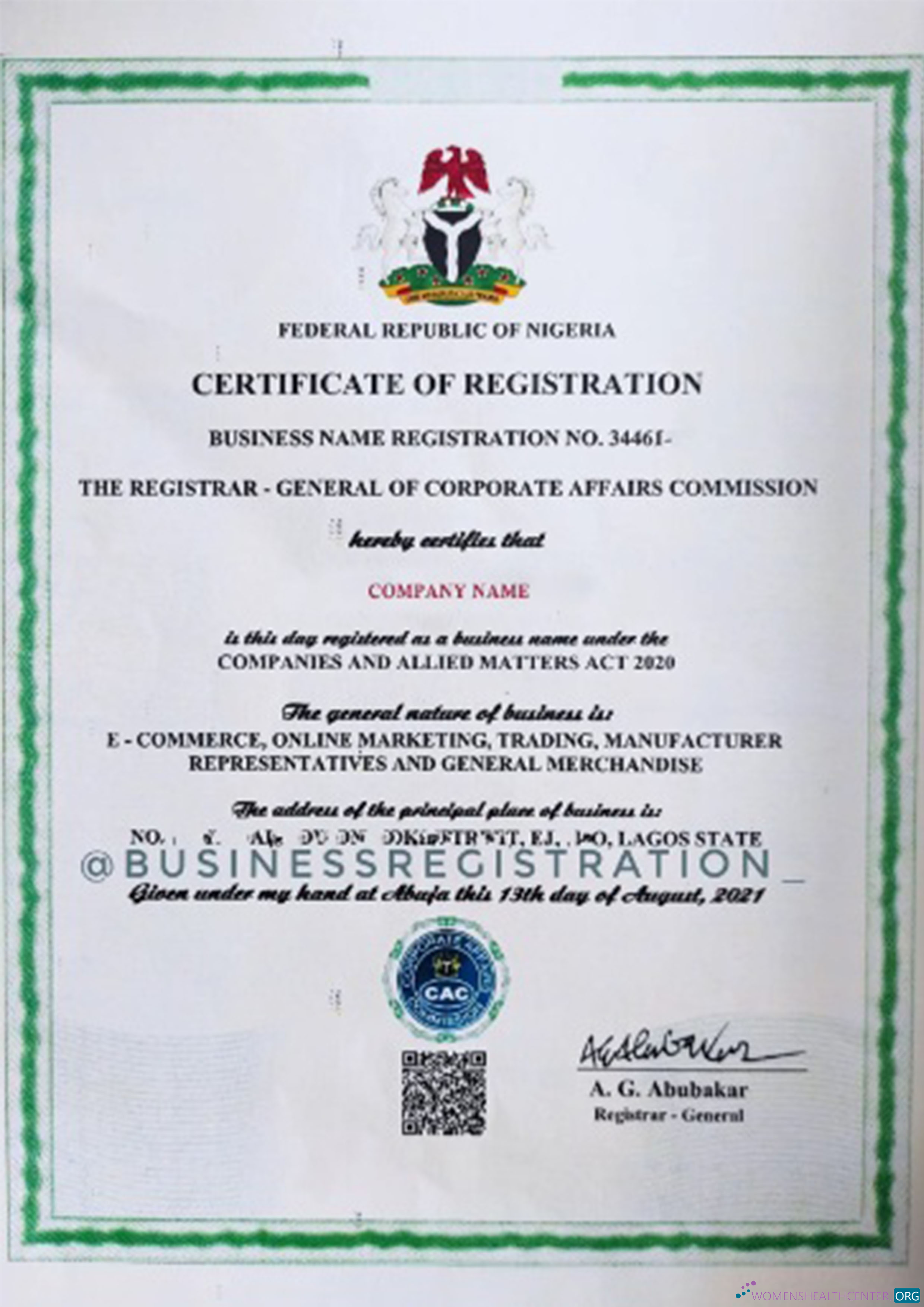 Download Nigeria Certificate of Registration Photoshop template